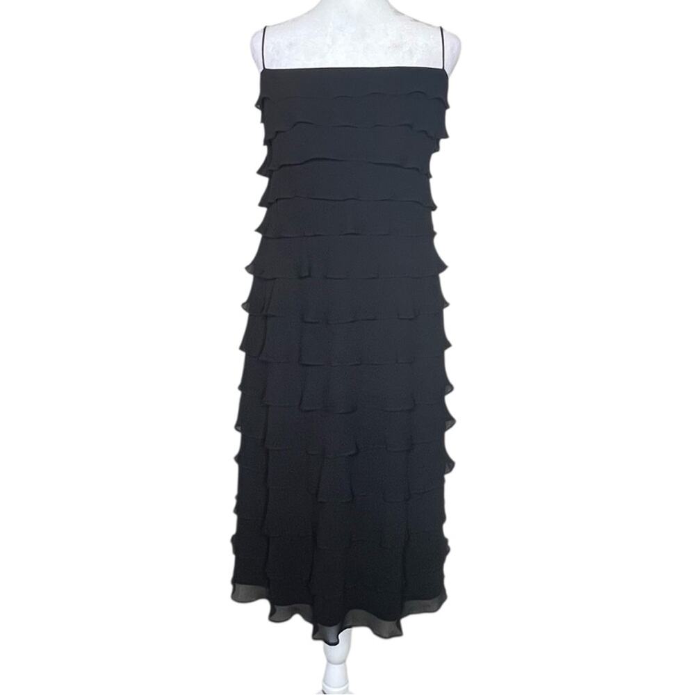 VTG Tadashi Silk Cocktail Dress 14 Black Tiered Ruffle Whimsigoth Romantic ‎Y2K